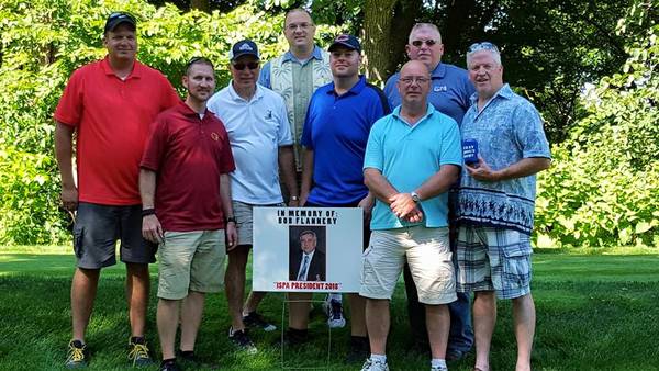 <p>ISPA Board and PPs at the &#39;What About Bob&#39; 18th Tee memorial to Bob Flannery</p>